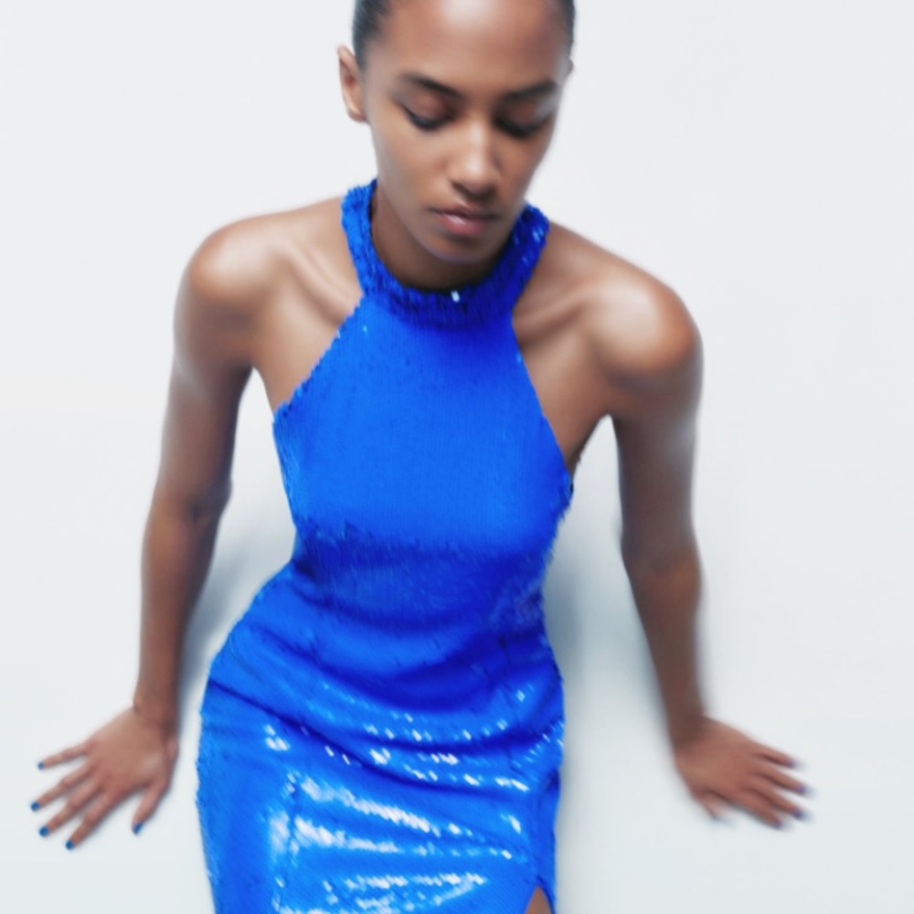 NWT ZARA FW21 BLUE SPARKLY FITTED SEQUIN DRESS